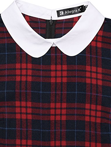 Allegra K Women's Contrast Peter Pan Collar Long Sleeve Shift Plaid Dress Red S (US 6)