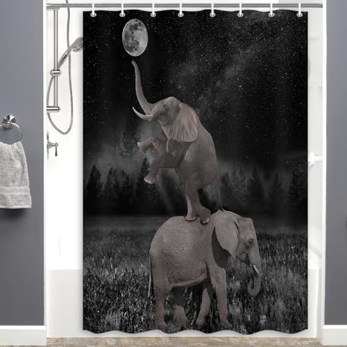 Image of Boziqr Funny Shower Curtains for Bathroom, Cute Elephant Moon Forest Bath Curtain, Rustic Farmhouse Decor Polyester Fabric Fun Cool Animals Black 47 x 64 Inches