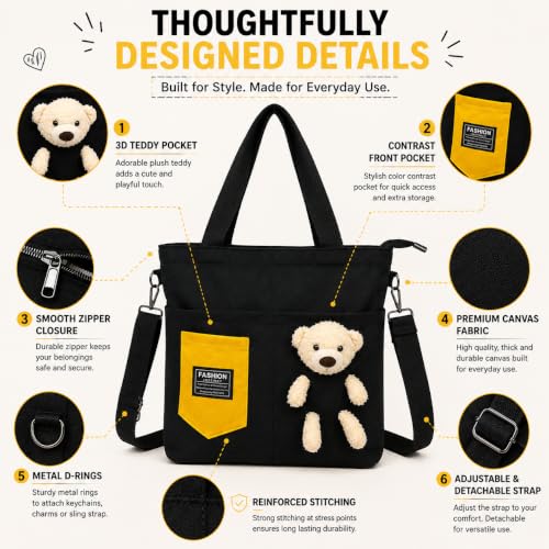 Image of BROGBUS Canvas Tote Bag for Women with Teddy Bear Charm Adjustable Sling Strap, Zipper Closure, College Travel Shopping Bag