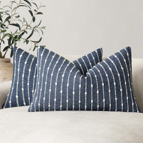 Image of Foindtower Boho Striped Boucle Lumbar Throw Pillow Covers 12x20 Dark Blue