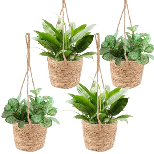 APACALI 4 Stück Blumentöpfe Hängende, Seegras Pflanzentopf, Hängender Pflanzerkorb, Handgewebt Blumenampel mit Hängendem Seil für Sukkulenten, Kakteen, Kräuter im Innen und Außenbereich
