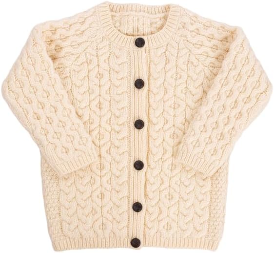SAOL Aran Cardigan for Kids: 100% Merino Wool, Crew Neck, and Button Front – Made in Ireland SAOL Aran Cardigan for Kids: 100% Merino Wool, Crew Neck, and Button Front – Made in Ireland
