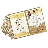 DORIS HOME 50pcs Laser Cut Wedding Invitations with Envelopes Gold, 4.7x7.1 Blank Invitation Cards for Wedding, 50 Anniversary Invitations with Envelopes