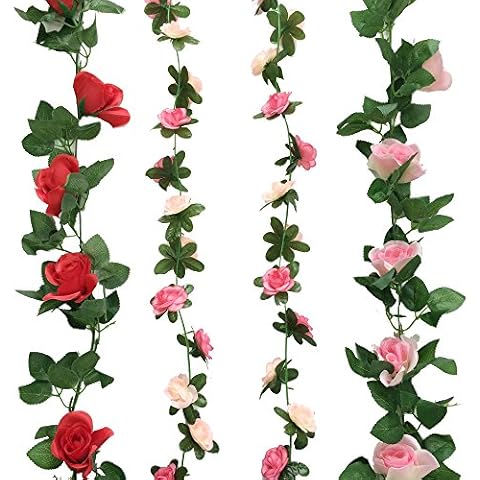ZERODECO 4 Pack Artificial Fake Rose Silk Flower with Green Leaf Vine Plastic Hanging Vine Garland Artificial Flora Wreath for Home Yard Fence Wedding Garden Decoration (Rose Red) Cover