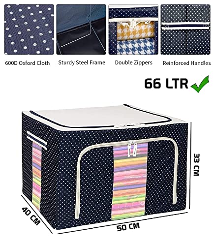 AVZEEGO Clothes Storage Box Foldable Steel Frame Clothes Organizer Storage Box For Wardrobe, Saree, Shirts, And Blankets (66 Ltr Pack Of 1, Oxford Fabric), Blue