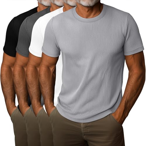 Locoowai 4 Pack Men's Short Sleeve T Shirts Crewneck Ribbed Knit Slim Fit Tops Basic Muscle Tee Shirts(Black, White, Gray, Charcoal Gray,X-Large)