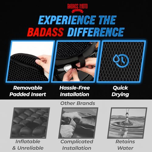 Badass Moto Airflow Motorcycle Seat Cover - Cool Mesh Seat Pad, Max Cooling, Padded Insert, Anti SWASS, Rider Gifts, Cruiser