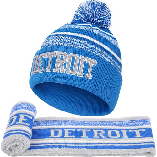 Detroit Winter Beanie Hat Circle Scarf Set Warm Football Knit Beanie Hat Neck Warmer Scarves Stylish Pom Pom Beanie Cap Winter Gifts for Sport Fans with Stickers