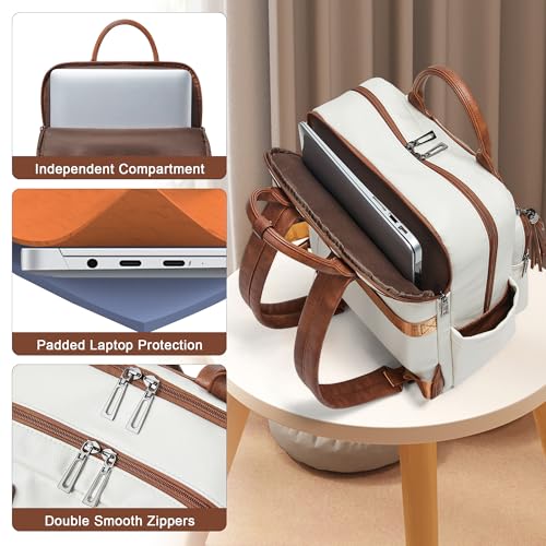 Shrrie Laptop Backpack for Women 15.6 inch Travel Leather Backpack Purse Work Computer Backpacks for Business College Beige4