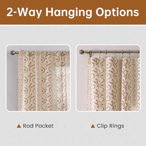 Image of Boho Farmhouse Curtains for Living Room 2 Panels, Floral Fall Curtains 80 Inches Long,Privacy Country Vine Pattern Bedroom Curtain,Let Light in Window Drapes Beige