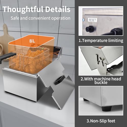 DULNICE 8L Elektrische Fritteuse mit Korb & Deckel Kommerzielle Friteuse mit Fett, 3000W Edelstahl Arbeitsplatte Küche Fritösen Fett Temperaturkontrolle Schnelles Erhitzen für Pommes Frites – Bild 7