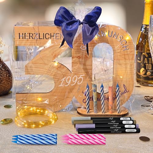 CozyHome Originelle 30. Geburtstag Geschenk & Geburtstag Deko - Inkl. LED Lichterkette + 6 Kerzen & 4 Stifte I Frau Frauen & Männer Geldgeschenke 30er Geschenke Geldgeschenke Gästebuch Holz-Schild