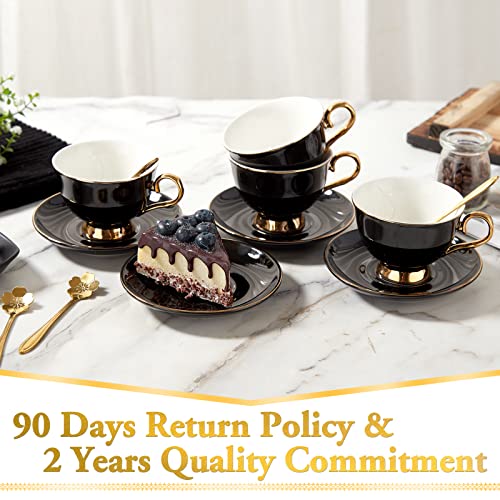 DUJUST Tea Cups and Saucers Set of 4 (7.4oz), Luxury Tea Cup Set with Golden Trim, Black Coffee