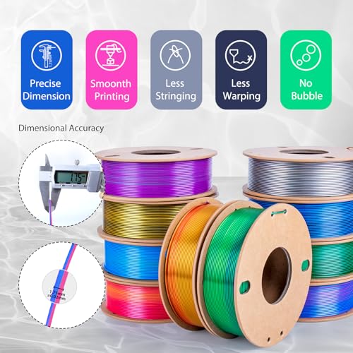 Image of Silk PLA Filament 1.75mm Bundle, Shiny Metallic Multi-Color 3D Printer Filament 10-Pack (250g /Spool, 2.5kg Total), High Gloss & Smooth Finish for Articulated Dragon Toys, 3D Art Crafts & Gifts