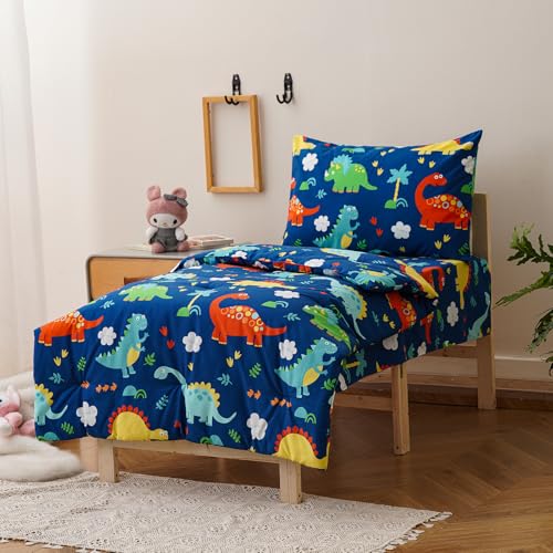 Image of Luxlovery Toddler Comforter Set Dinosaur Printed Boys Kids Boho Bedding Set Bed Set for Dorm 4 Pieces (1 Comforter, 1 Flat Sheet, 1 Fitted Sheet, 1 Pillowcase)