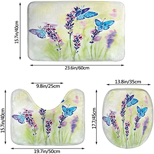 Badezimmerteppich-Set, 3-teilig, Sommerfeld, natürliche Tierwelt, Aquarell-Kunstwerke, Schmetterlinge, waschbare Badteppiche, rutschfest, mit Rückenpolster, Konturteppich und Toilettendeckelbezug – Bild 3