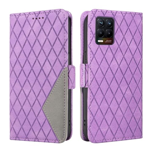 Cover a Libro per Realme 8 5G Narzo30 5G Custodia a Portafoglio pelle Reticolo Romboidale con Funzione di Supporto e Slot per Carte - Viola