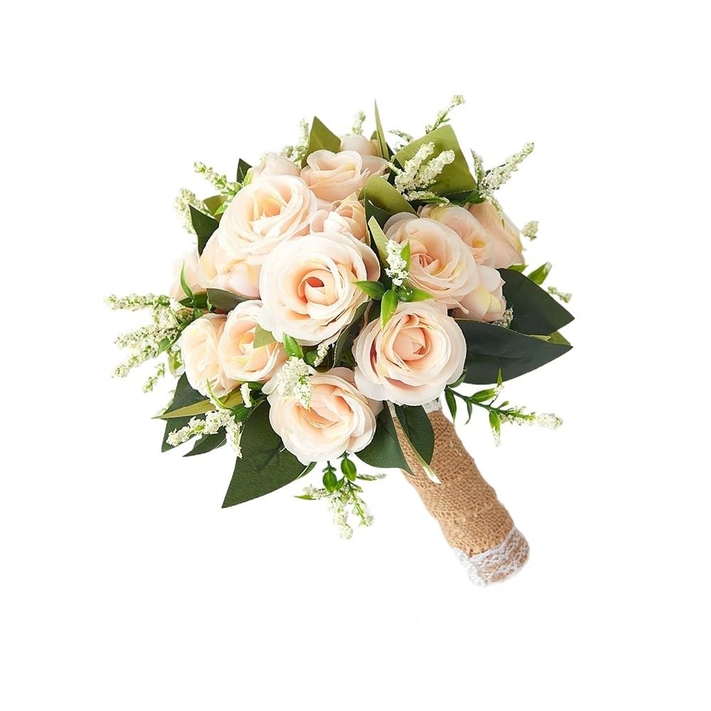 Huffa Champagne Artificial Wedding Bouquet For Bride - Hand-Held Floral Arrangement For Outdoor Weddings(Champagne)