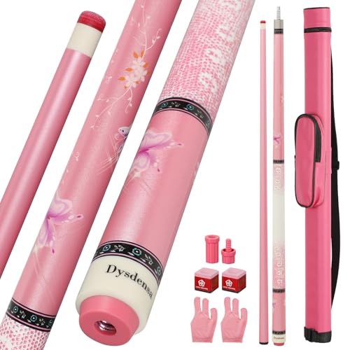 Dysdensa Pink Pool Cue 19oz - 58 inch Canadian Maple Wood 13mm Leather Tip, Floral Design Metallic Paint Lacquer, 3/8×8 Joint with Case, Chalks, Gloves, Protectors (MQ19-PINK)