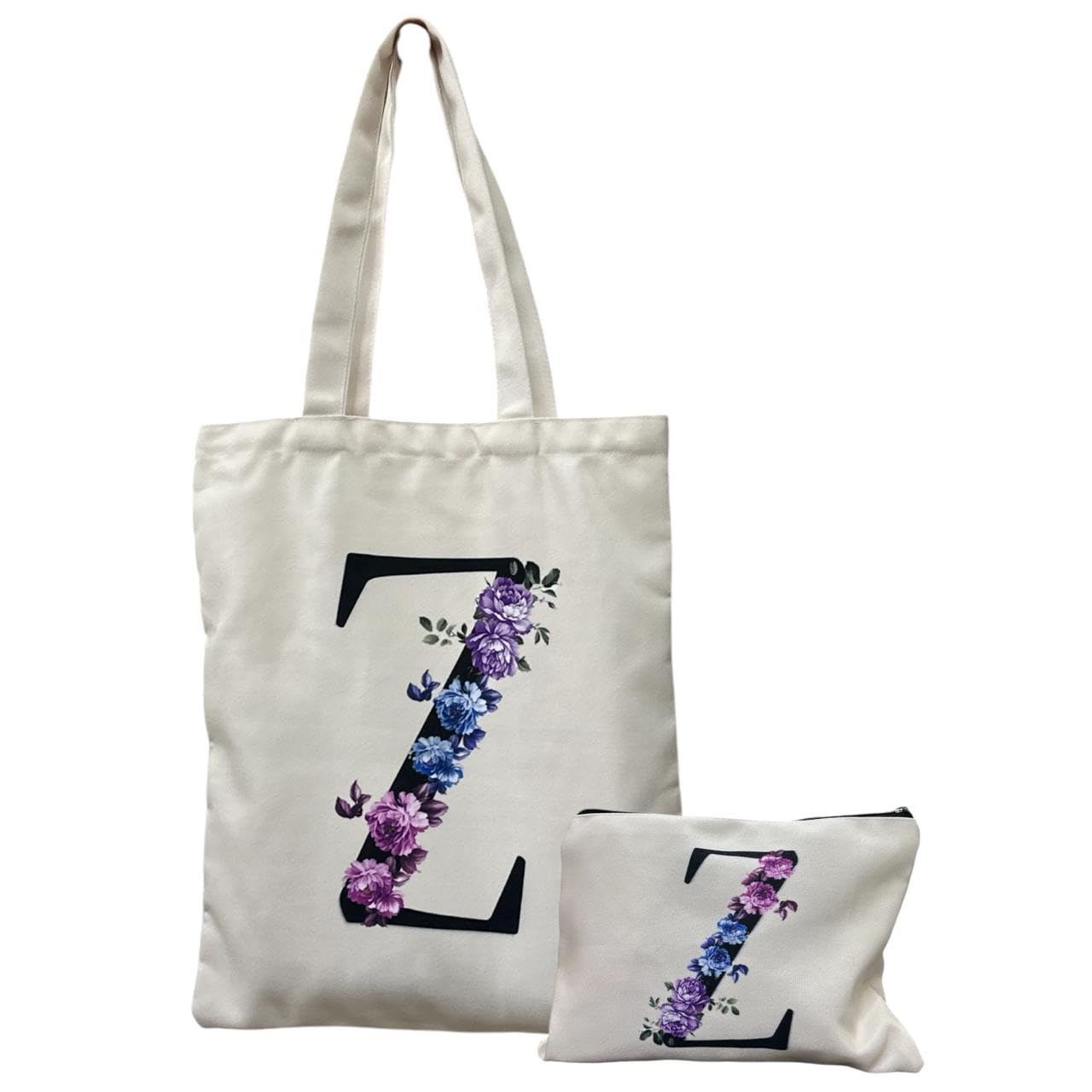 GenericElegant Personalized Floral Tote Bag with Custom Initial & Matching Pouch – For Everyday Use | Inside Pocket, Long Handle | Durable Styllish Tote Bag