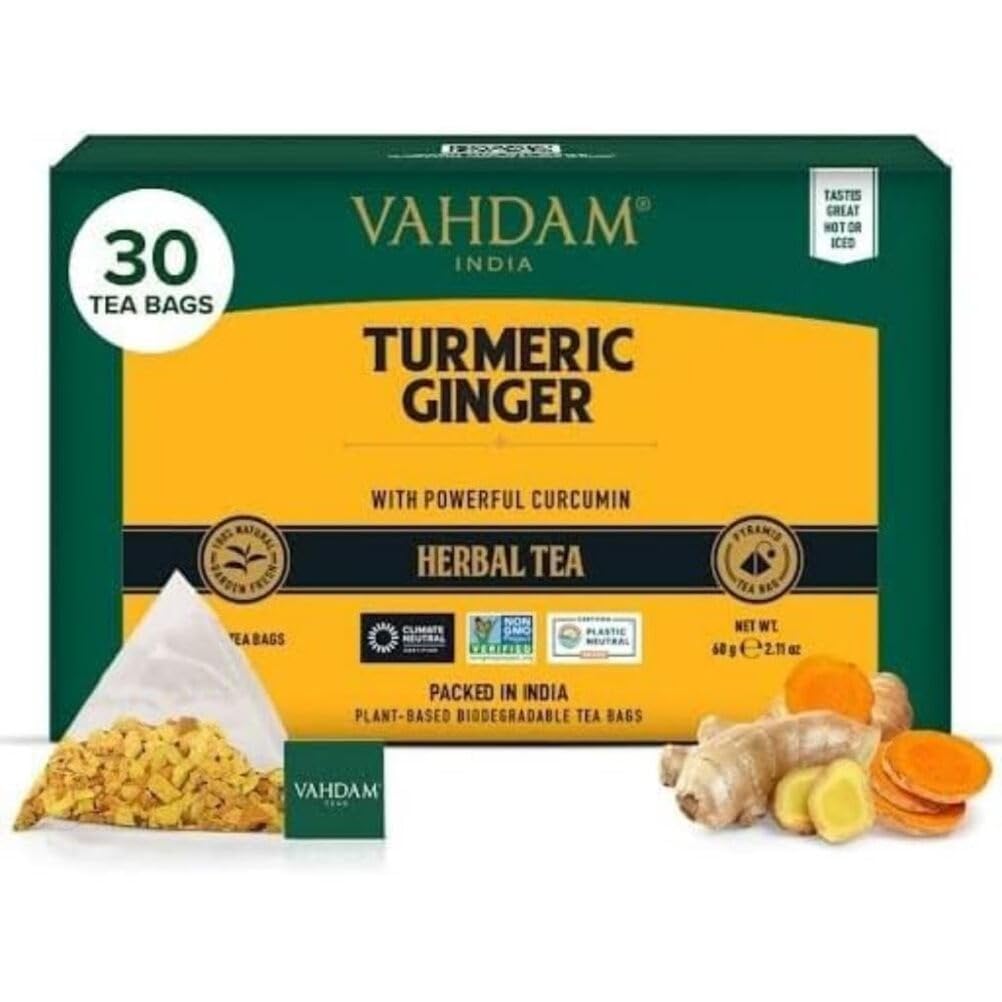 VAHDAM, Turmeric Ginger Superfood Blend (30 Herbal Tea Bags) Caffeine Free, Non GMO, Gluten Free | 100% Pure Herbal Blend - Savory & Spicy | Individually Wrapped Pyramid Tea Bags | Direct from Source