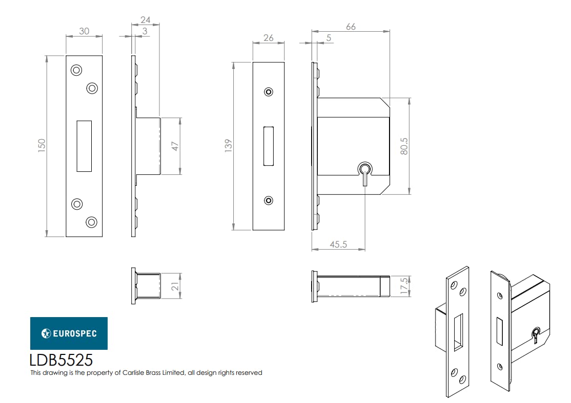 Carlisle Brass LDB5525PVD EASI-T 5 Lever Deadlock BS, Satinless Brass, 2.5" / 64mm - Image 2
