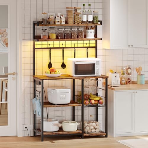 HOOBRO Bakers Rack with Power Outlet, Microwave Stand with 6 S-Shaped Hooks, 5 Tiers Coffee Bar with LED Light, Kitchen Storage Shelf with Wire Basket & Wine Holders, Rustic Brown and Black BF21UDHB01 - Standing Baker's Racks - view 3