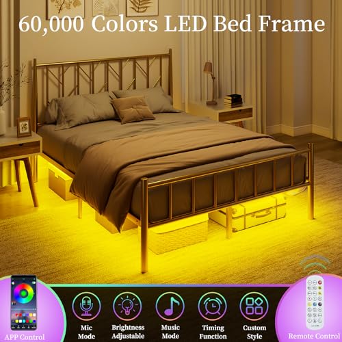 Luxoak BMB016 Queen Size Metal Bed Frame With Adjustable Headboard, Led Lights Bed Frame With Vintage Footboard, Heavy Duty Slats, No Box Spring Needed, Gold thumb #4