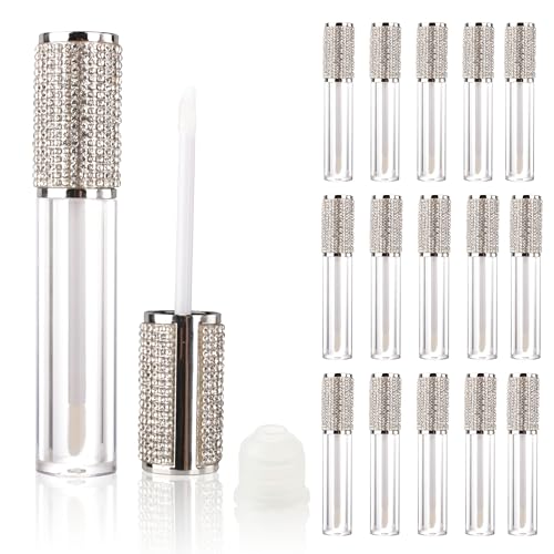 COSIDEA 15pcs Round Empty 5ml 0.17oz Silver lip gloss tubes with wand diamond Lipgloss tube containers for lip oil packing