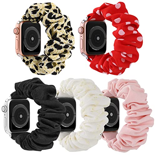 Bigqin 5Packs Elastic Band Scrunchie Bands Compatible with Apple Watch 45mm 44mm 42mm Series 9 8 7 6 5 4 SE 3 2, Women Valentine's Mother's Day Gift Bracelet Strap Compatible with iWatch, Leopard Pink