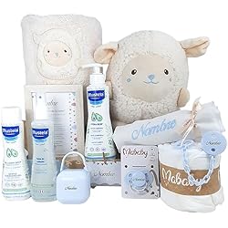 Canastilla Bebé Invierno Mababyshop Happy Animals Deluxe, Cesta Regalo Bebé, Canastilla Personalizada para Recién Nacido con Mantay Peluche, Chupete Personalizado y Cosas para Bebes (Ovejita Azul)