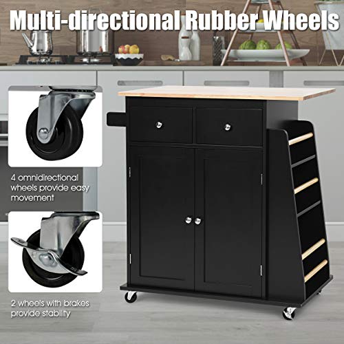 Giantex-Kitchen-Island-Cart-Rolling-Wood-Trolley-with-Storage-Cabinet-Towel-Handle-2-Drawers-Side-Spice-Rack-and-Wine-Bottle-Rack-Kitchen-Cart-on-Wheels-Rubber-Wood-Countertop-Black Giantex Kitchen Island Cart Rolling Wood Trolley with Storage Cabinet Towel Handle 2 Drawers Side Spice Rack and Wine Bottle Rack Kitchen Cart on Wheels Rubber Wood Countertop Black
