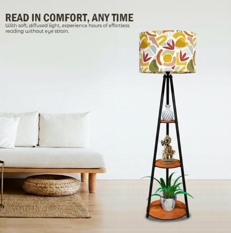 Image of Rellon Floor Lamp with 3 Storage Shelves, Metal FloorLamp for Living Room Standing Home Decoration FloorLamp Shade Reading for,Office,Kitchen,Bedroom (A1)