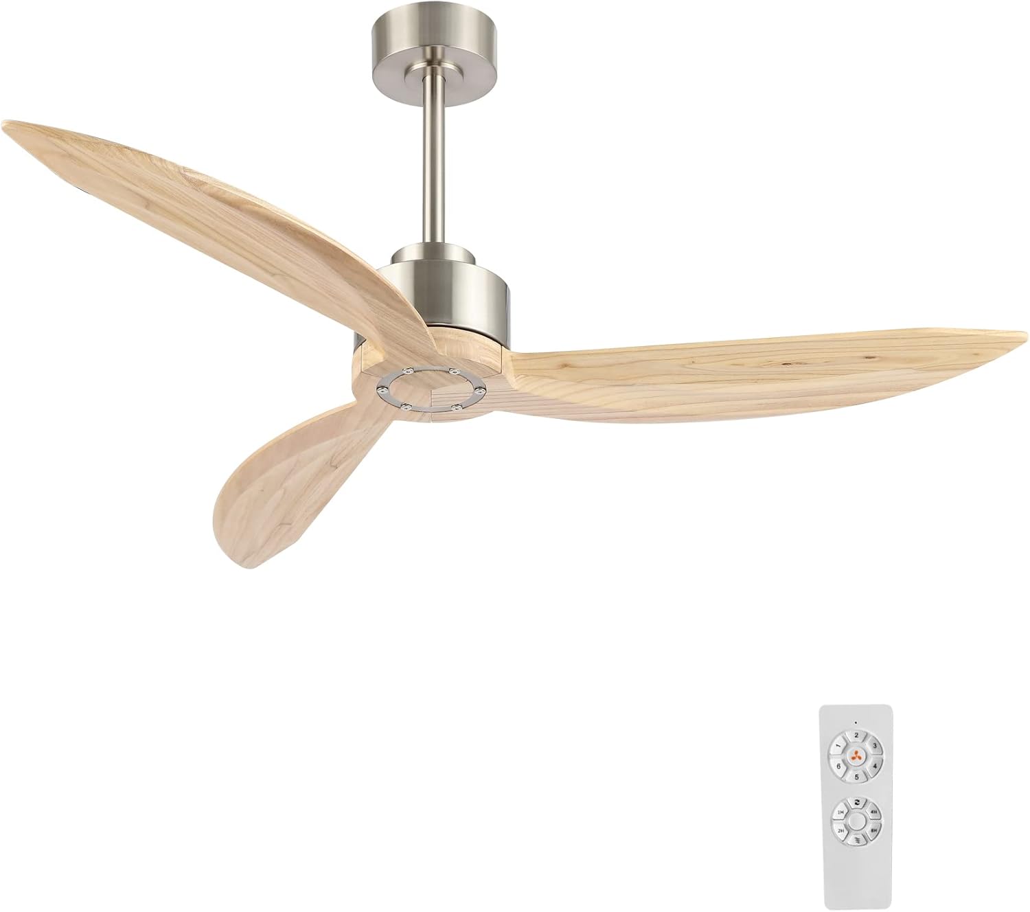 ELEHINSER 52" Wood Ceiling Fan without Lights, 3 Blades 6-Speed Reversible DC Motor Ceiling fan with Remote Control and Timer for Kitchen Bedroom Dining Living Room, Wood Blades with Nickel Nickel+Wood 52" Ceiling Fan without Light