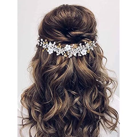 Vakkery Bride Wedding Hair Vines Silver Pearl Headpiece Headband Crystal Bridal Hair Accessories for Women and Girls Cover