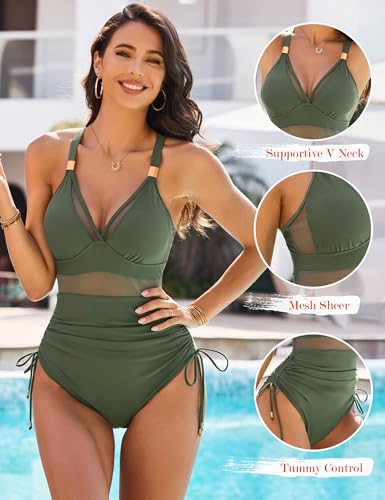 BMJL Womens Mesh Tummy Control Swimsuits One Piece Slimming Modest Bathing Suit Metal Ruched Swim Suits 20252