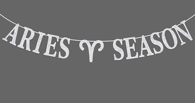 Aries Season Banner, Big Aries Energy Bunting Sign, 12 Constellation Theme Happy Birthday March/April Horoscope Birthday Party Decorations Supplies, Silver Glitter