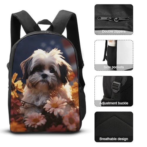 Shih Tzu Dog And Flowers Backpack Set Lightweight Daypack with Lunch Box Pencil Bags Bookbags 3 in 13