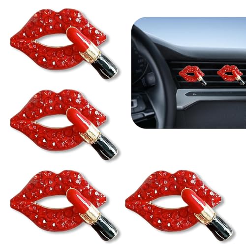 Image of Shakas 4 PCS Bling Air Conditioning Vent Clip, Sexy Lips Lipstick Rhinestone Vent Decoration, Non-destructive Plug-in Installation Interior Cute Accessories, for Most Cars Trucks Home (Red)