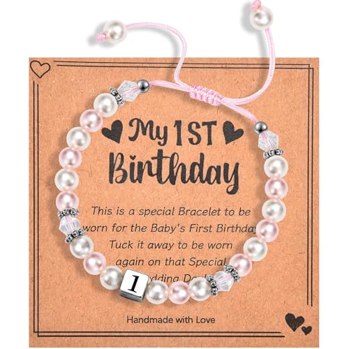 1-8 Years Old Birthday Gifts for Girl - Adjustable Birthday Bracelet for Little Girls with Pink & White Pearls, Birthday Gift Ideas for Daughter Niece Granddaughter Sister Girls