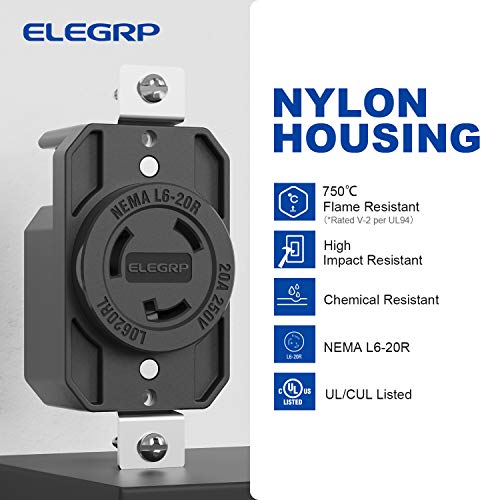 Elegrp Nema L6-20R Flush Mounting Locking Receptacle, Twist Lock Socket/Outlet For Generator, 20 Amp 250V 2 Pole 3 Wire Grounding, Industrial Grade Heavy Duty, Ul Listed, 1 Pack, Black #TOP1