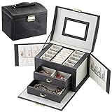 LATIT Schmuckkästchen Damen mit 2 Schubladen PU-Leder Schmuckkästchen Reise,Schmuckaufbewahrung mit Spiegel Schmuckkoffer großer Schmuckbox für Ringe,Ohrringe,Halskette,Geschenk,Schwarz