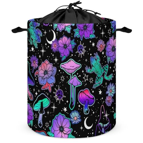 Large Laundry Basket, Collapsible & Waterproof Laundry Hamper, Purple Flower Trippy Goth Moon Mushrooms Floral Round Storage Baskets for Clothes, Toys, Family
