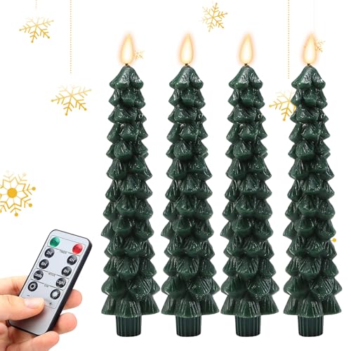 LED クリスマス ツリー キャンドル、クリスマス ツリー LED キャンドル - クリスマス フレームレス キャンドルタイマーリモコン付きグリーンLED燭台 | 9.7インチのクリスマスツリーフレームレスキャンドル、電池式ウィンドウキャンドル、ホームウェ