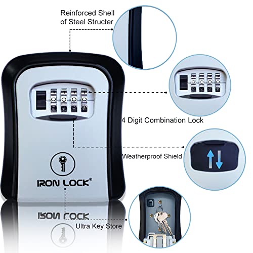 Iron Lock® - Key Lock Box Wall Mount For Keys 4 Digit Combination With Resettable Code With A B Switch Indoor Outdoor Waterproof House Key Lockbox For Spare House Keys 5 Capacity #TOP5