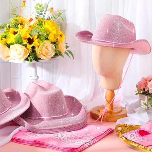 12 Pcs Sparkly Adults Cowboy Hat for Women Men Western Glitter Cowgirl Hats with Adjustable Drawstring Cowboy Party Bandana(Pink)
