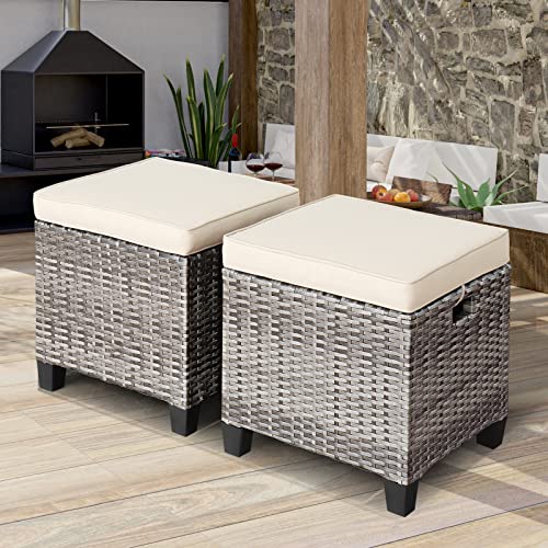 ORALNER Set of 2 Outdoor Ottoman, 16” Wicker Foot Stools, All-Weather Rattan Cube Footstool w/Removable Cushions, Square Footrest Extra Seating for Patio, Porch, Deck, Easy Assembly (Beige)