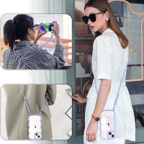 iPhone 14 ケース クリア ショルダー iPhone13 カバー 肩がけ 首掛け 韓国 おしゃれ 波状フレーム 斜めかけケース 可愛い かわいい 薄型 透明 軽量 シリコン TPUバンパー アイフォン 14/13 スマホケース パープル