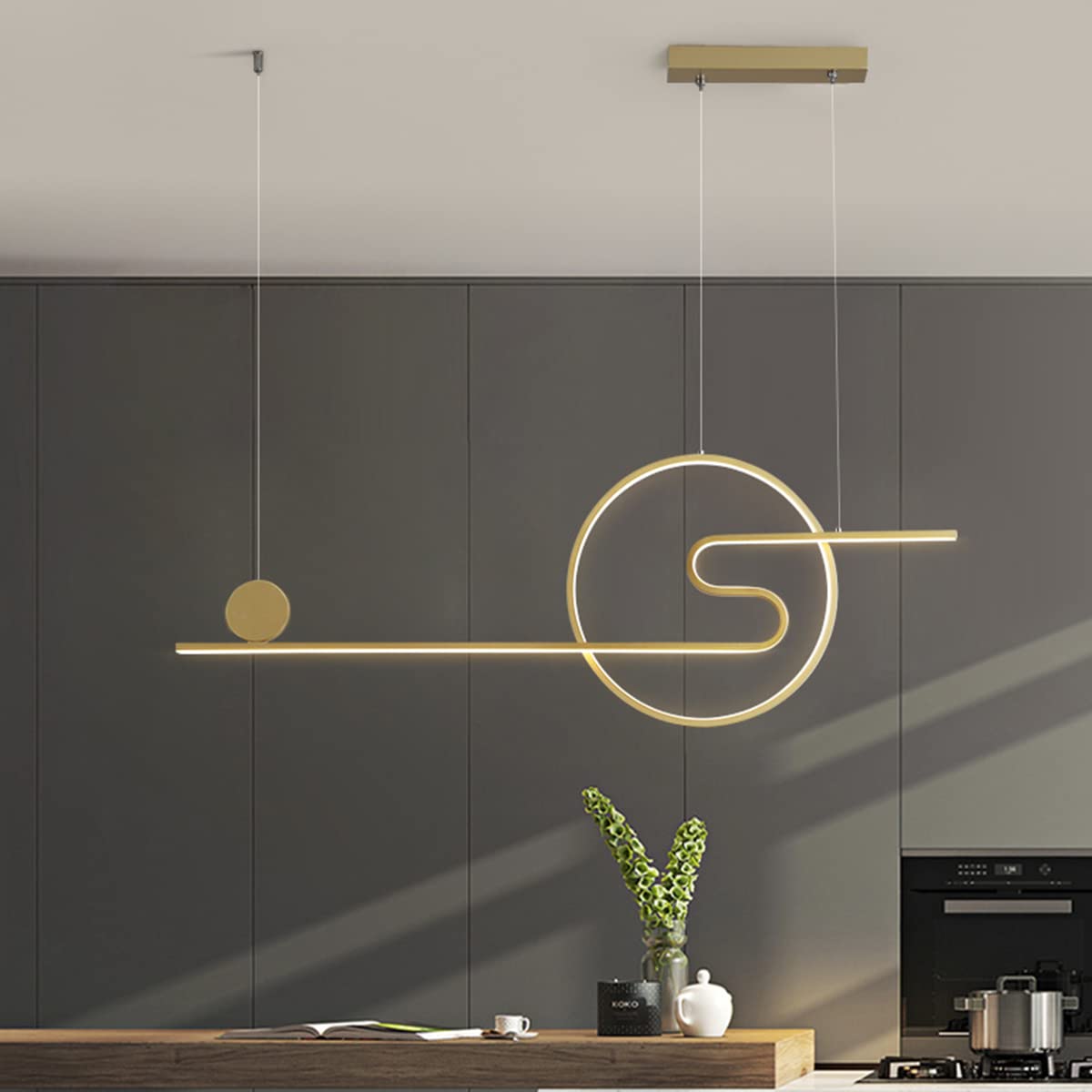 Bellastein LED Dining Table Pendant Lamp with Remote Control Dimmable Chandelier Modern Linear Pendant Lamp Height Adjustable 48W Creative Ceiling Lamp for Living Room, Dining Room (Gold, A)