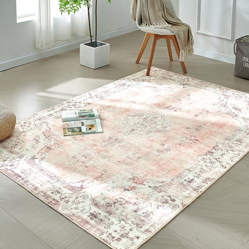 Xfrog Machine Washable Rug Vintage Area Rug for Living Room Non-Slip Traditional Rug Carpet for Office Kitchen Dining Light Pink 80x150CM - Image 2